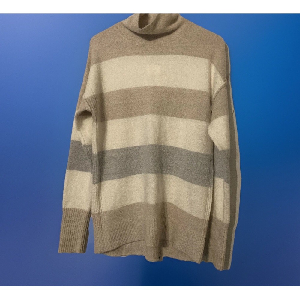 Per Se Sweater Women's US S Striped Mock Neck Acrylic Gray Beige White NEW